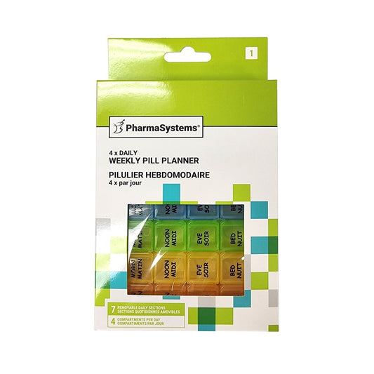 Product label for PharmaSystems Weekly Pill Planner Box 4x per day