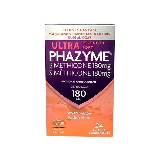 Product label for Phazyme Ultra Strength Simethicone 180 mg (24 softgels)