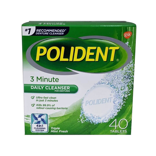 Product label for Polident 3 Minute Daily Cleanser Triple Mint Fresh 40 tabs in English