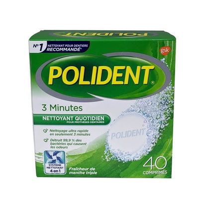Product label for Polident 3 Minute Daily Cleanser Triple Mint Fresh 40 tablets in French