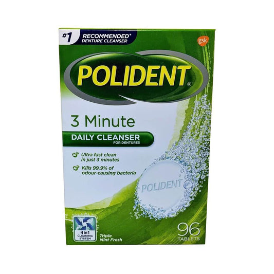 Product label for Polident 3 Minute Daily Cleanser Triple Mint Fresh 96 tabs in English