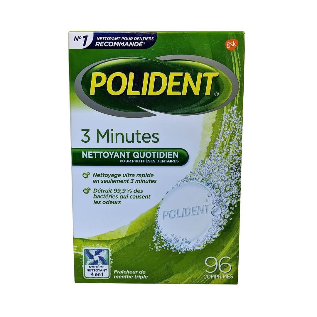 Product label for Polident 3 Minute Daily Cleanser Triple Mint Fresh 96 tabs in French