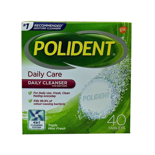 Product label for Polident Daily Care Cleanser Triple Mint Fresh 40 tablets in English