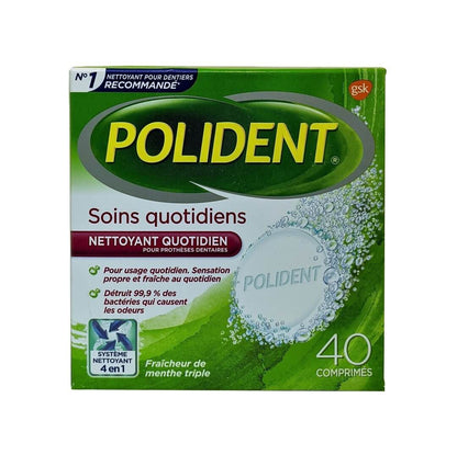 Product label for Polident Daily Care Cleanser Triple Mint Fresh 40 tablets in French