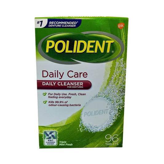 Product label for Polident Daily Care Cleanser Triple Mint Fresh 96 tablets in English