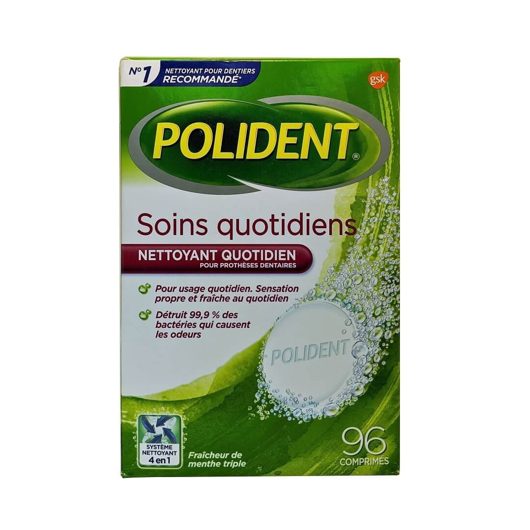 Product label for Polident Daily Care Cleanser Triple Mint Fresh 96 tablets in French