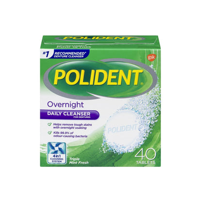 Polident Overnight Antibacterial Cleanser Triple Mint Fresh (40 tablets)