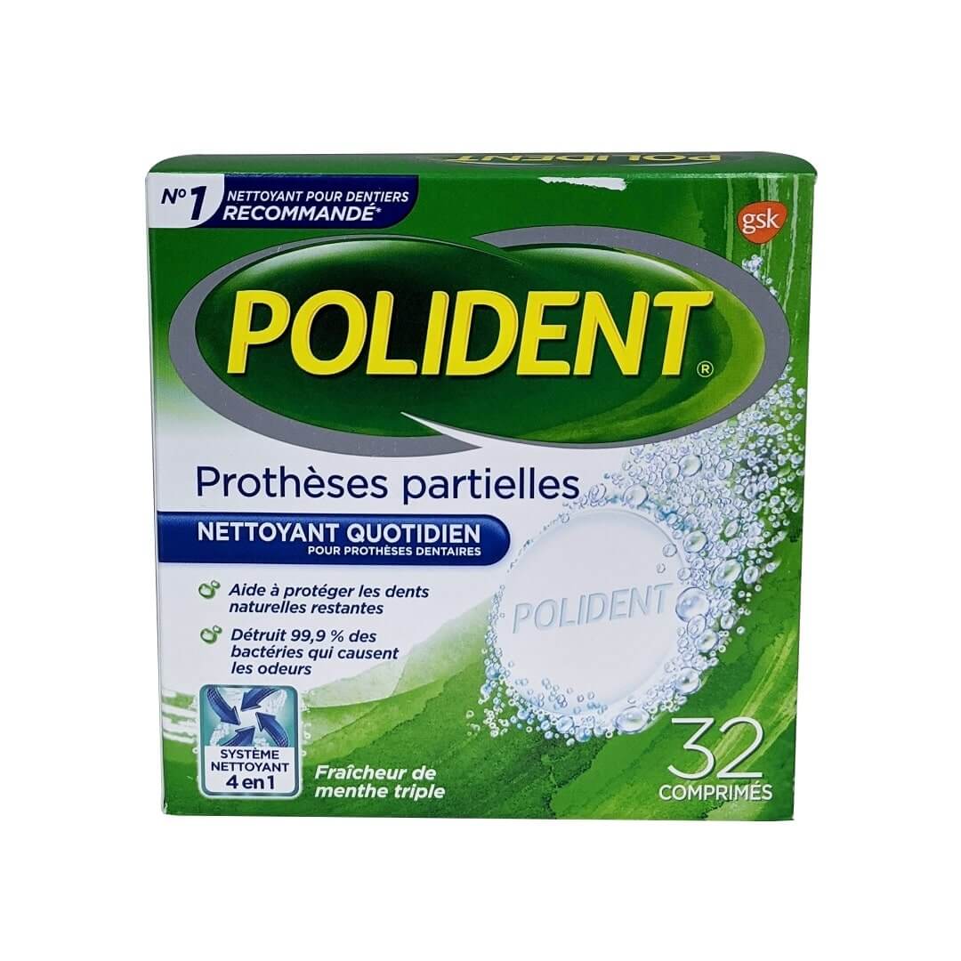Product label for Polident Partials Daily Cleanser Triple Mint Fresh in French