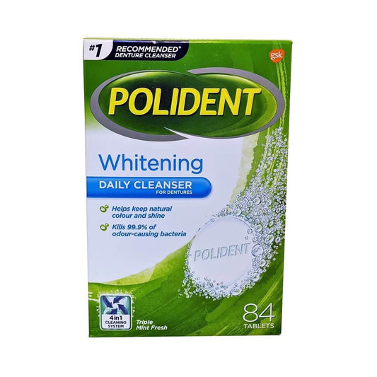 Product label for Polident Whitening Daily Cleanser Triple Mint in English