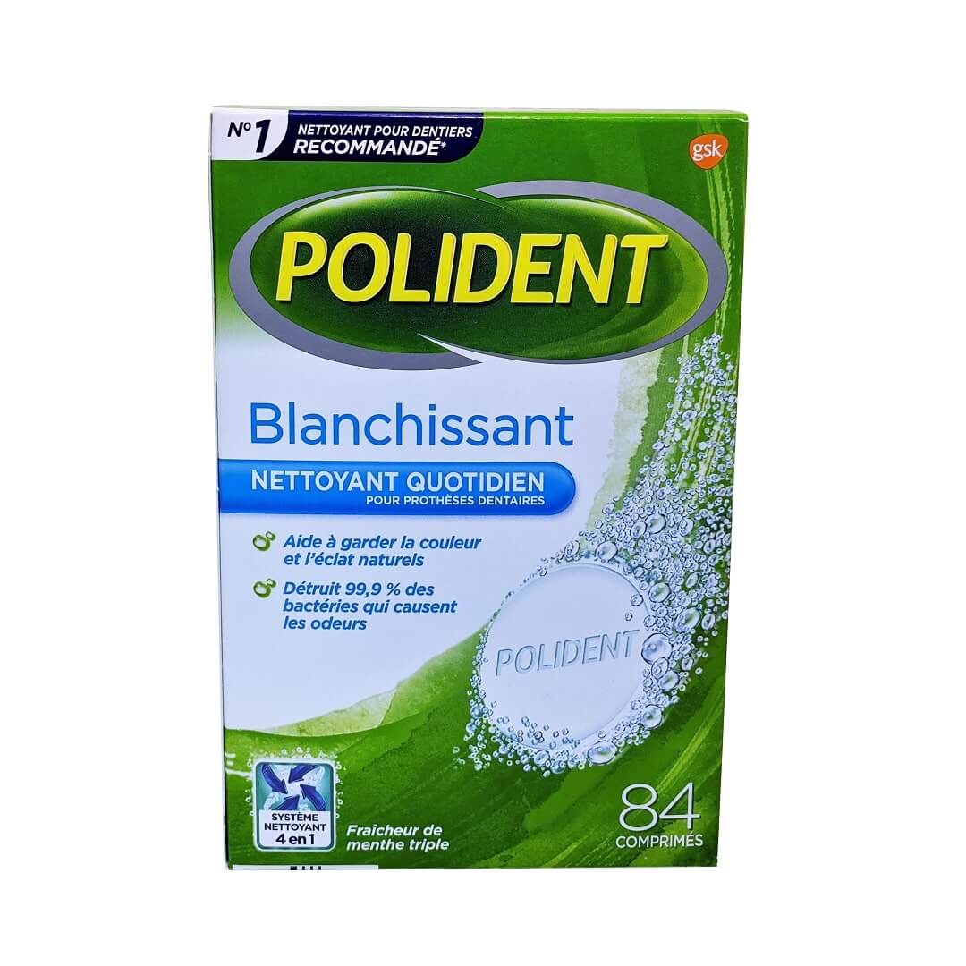 Product label for Polident Whitening Daily Cleanser Triple Mint in French