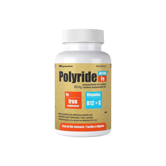 Product label for Polyride Fe Ultra with Vitamins B12 and C (100 capsules)