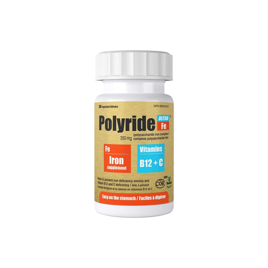 Product label for Polyride Fe Ultra with Vitamins B12 and C (30 capsules)