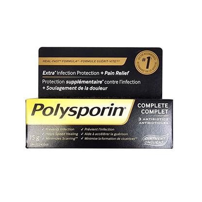 Product label for Polysporin Ointment Complete (15 grams)