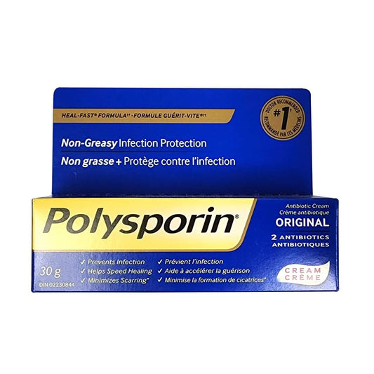 Product label for Polysporin Cream Original 2 Antibiotics (30 grams)
