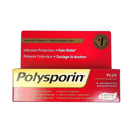 Product label for Polysporin Cream Pain Relief and 2 Antibiotics (30 grams)