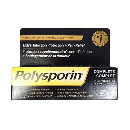 Product label for Polysporin Ointment Complete (30 grams)