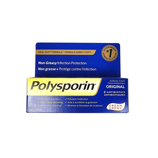 Product label for Polysporin Cream Original 2 Antibiotics (15 grams)
