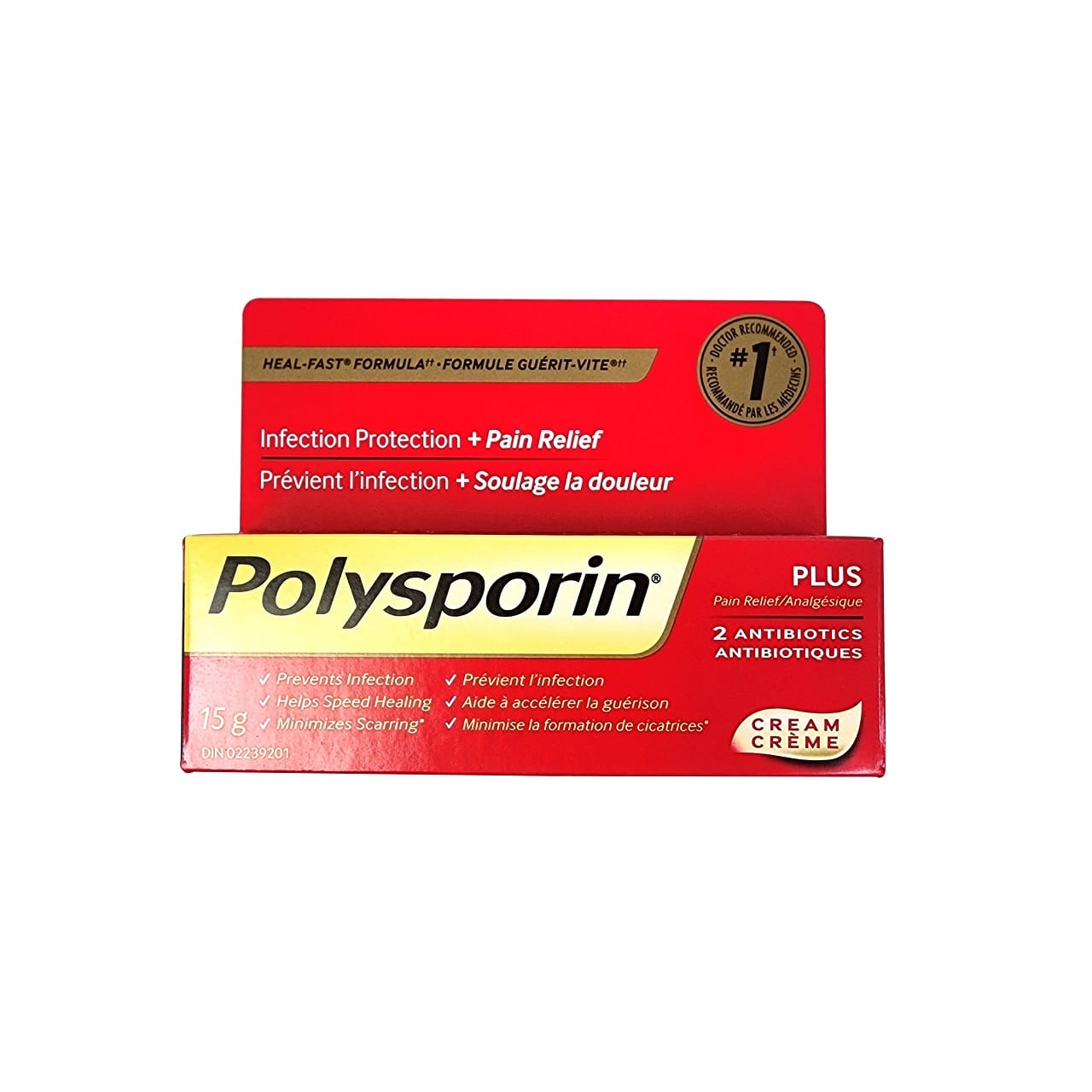 Product label for Polysporin Cream Pain Relief and 2 Antibiotics (15 grams)