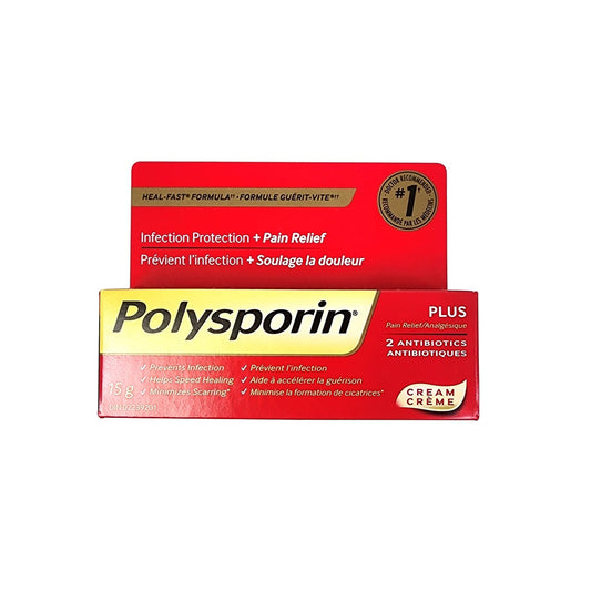 Product label for Polysporin Cream Pain Relief and 2 Antibiotics (15 grams)