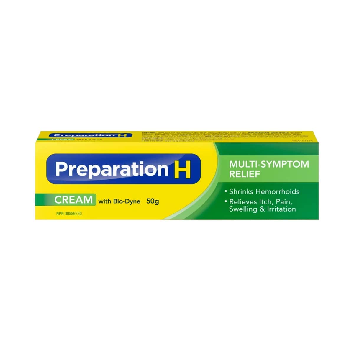 Product label for Preparation H Multi-Symptom Relief Cream with Bio-Dyne (50 grams)