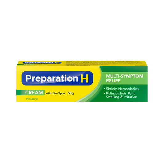 Product label for Preparation H Multi-Symptom Relief Cream with Bio-Dyne (50 grams)