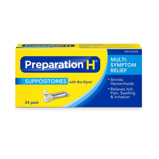 Product label for Preparation H Multi-Symptom Relief Suppositories (24 suppositories)