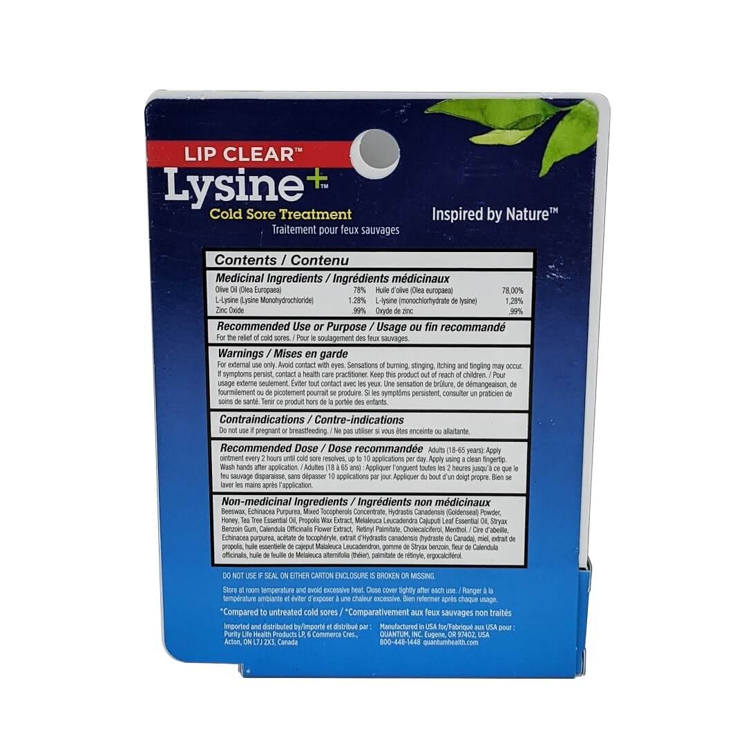 Ingredients, warnings, and uses for Quantum Lip Clear Lysine+ Cold Sore Treatment (7 grams)