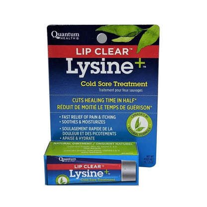Product label for Quantum Lip Clear Lysine+ Cold Sore Treatment (7 grams)