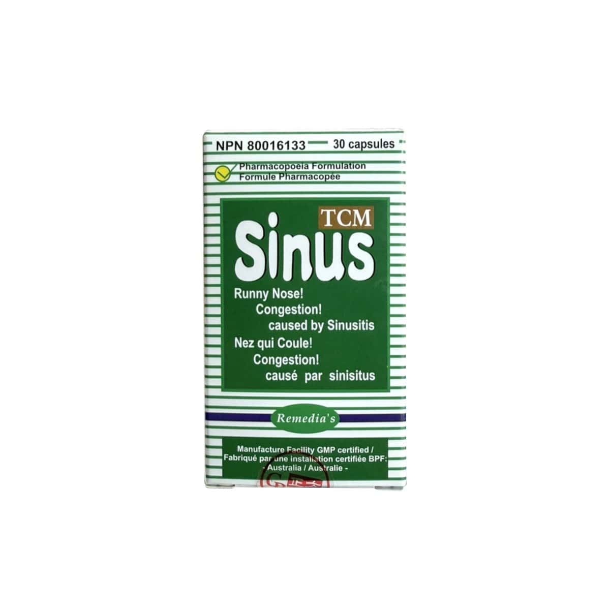 Product label for Remedia Sinus Allergy Remedy Pharmacopoeia Formulation (30 capsules) in English