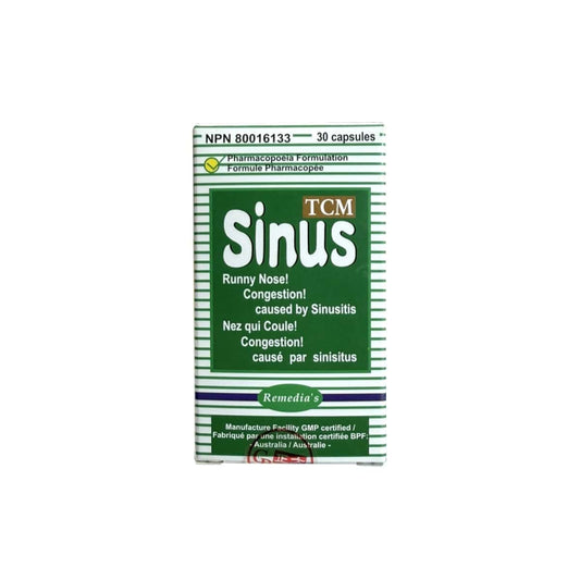 Product label for Remedia Sinus Allergy Remedy Pharmacopoeia Formulation (30 capsules) in English