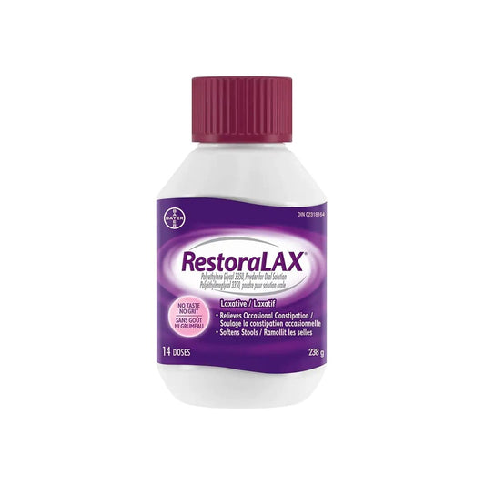 Product label for RestoraLAX Laxative Powder (238g, 14 doses)
