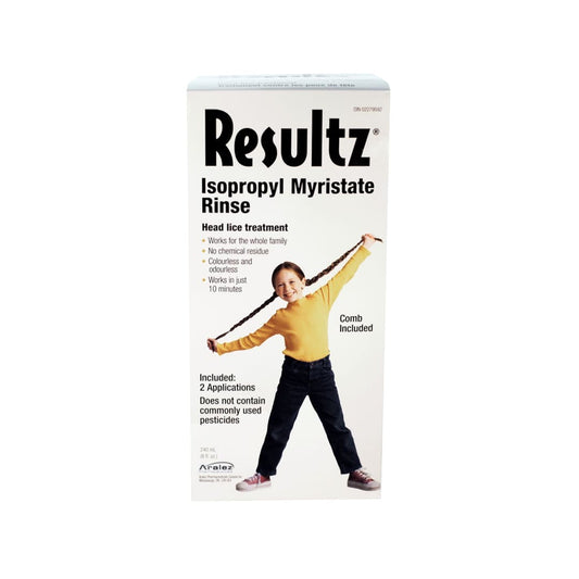Product label for Resultz Isopropyl Myristate Rinse Head Lice Treatment (240 mL)