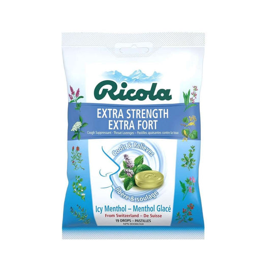 Product label for Ricola Extra Strength Icy Menthol (19 lozenges)