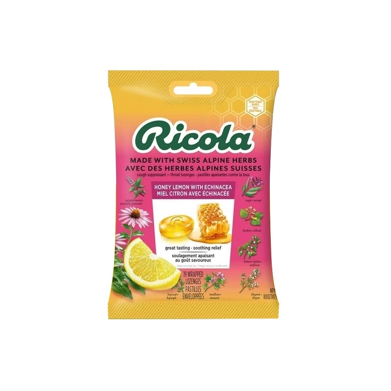 Product label for Ricola Honey Lemon with Echinacea (19 lozenges)