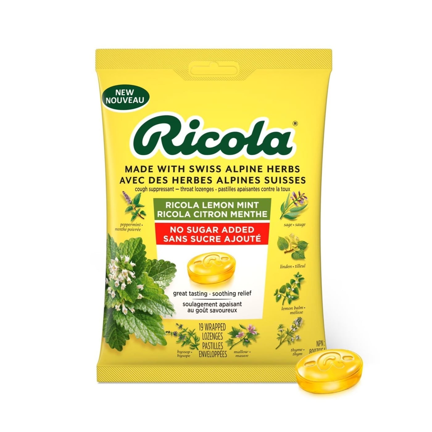 Product label for Ricola Lemon Mint No Sugar Added (19 lozenges)
