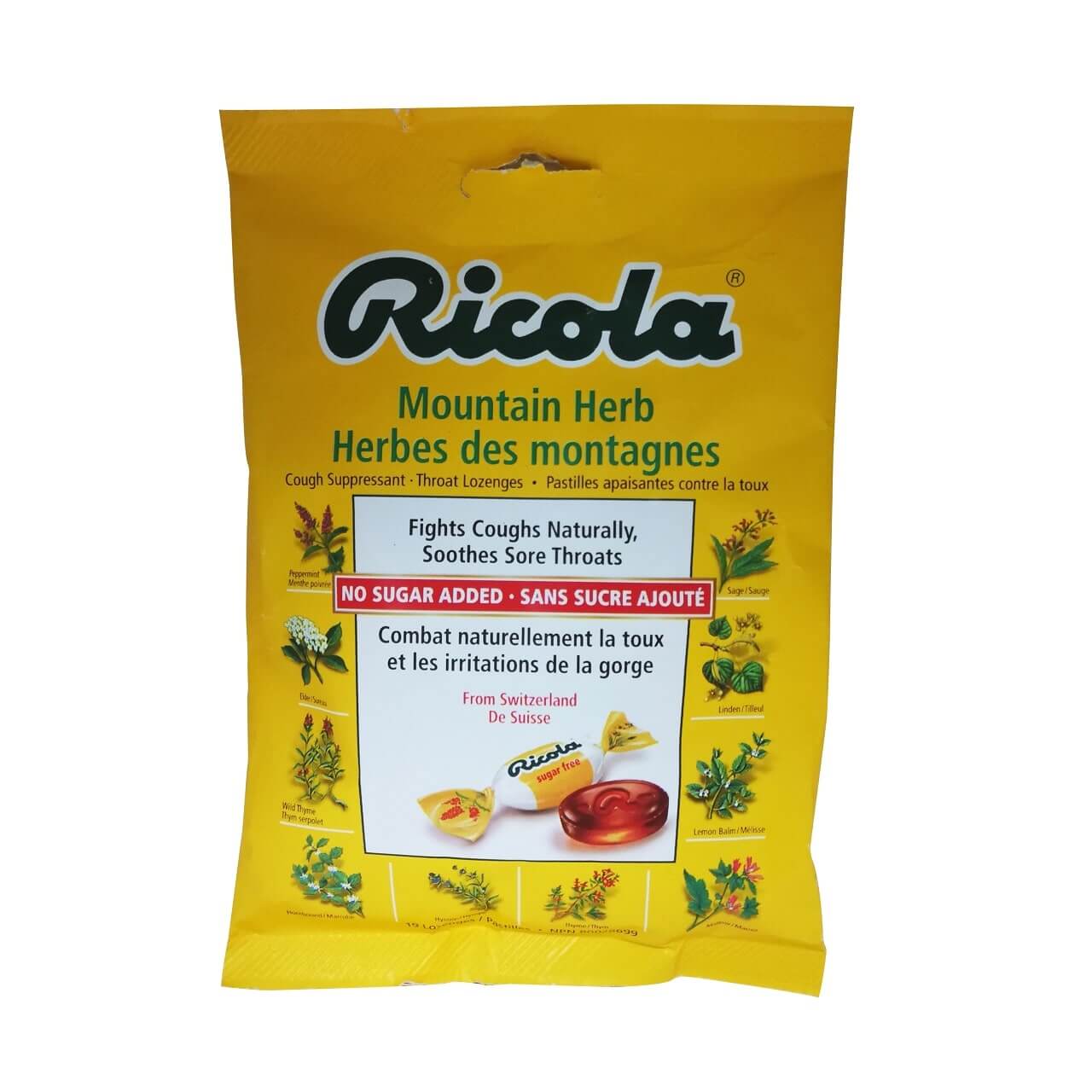 Product label for Ricola Mountain Herb (19 lozenges)