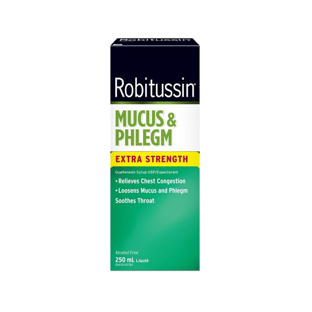 Product label for Robitussin Extra Strength Mucus & Phlegm for 6 Hours Relief (250 mL) in ENglish