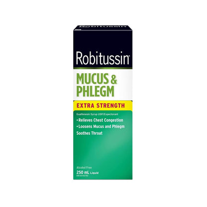 Product label for Robitussin Extra Strength Mucus & Phlegm for 6 Hours Relief (250 mL) in ENglish