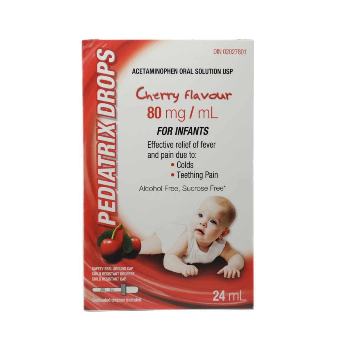 Product label for Rougier Pediatrix Acetaminophen 80 mg / mL Cherry Flavour (24 mL) in English