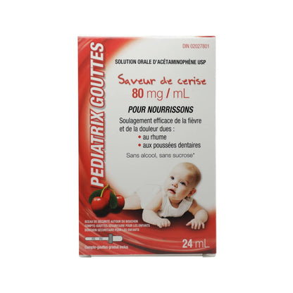 Product label for Rougier Pediatrix Acetaminophen 80 mg / mL Cherry Flavour (24 mL) in French