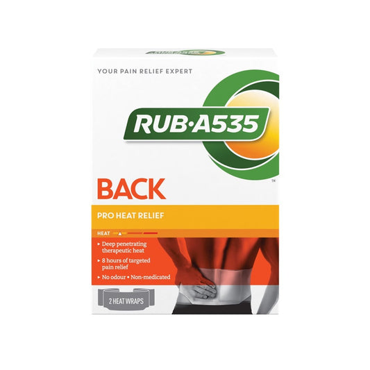 Product label for Rub A535 Pro Heat Back Wrap (2 count)