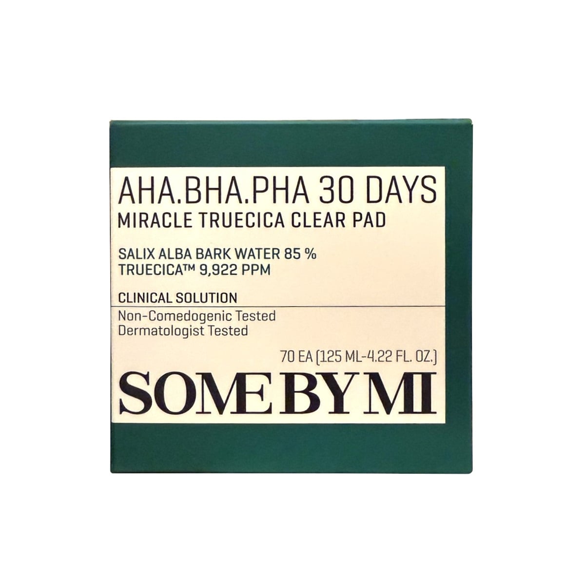 Product label for SOME BY MI AHA BHA PHA 30 Days Miracle Truecica Clear Pad (70 pads)