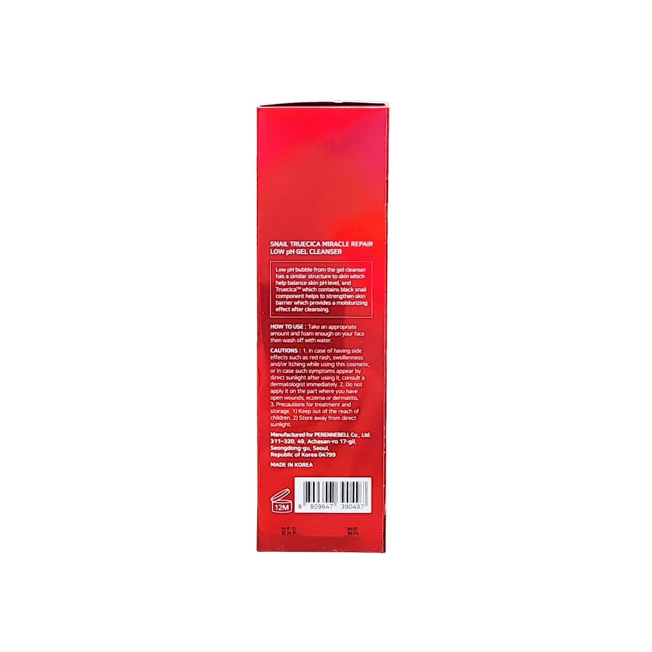 Description, how to use, cautions for SOME BY MI Snail Truecica Miracle Low pH Gel Cleanser (100 mL) in English