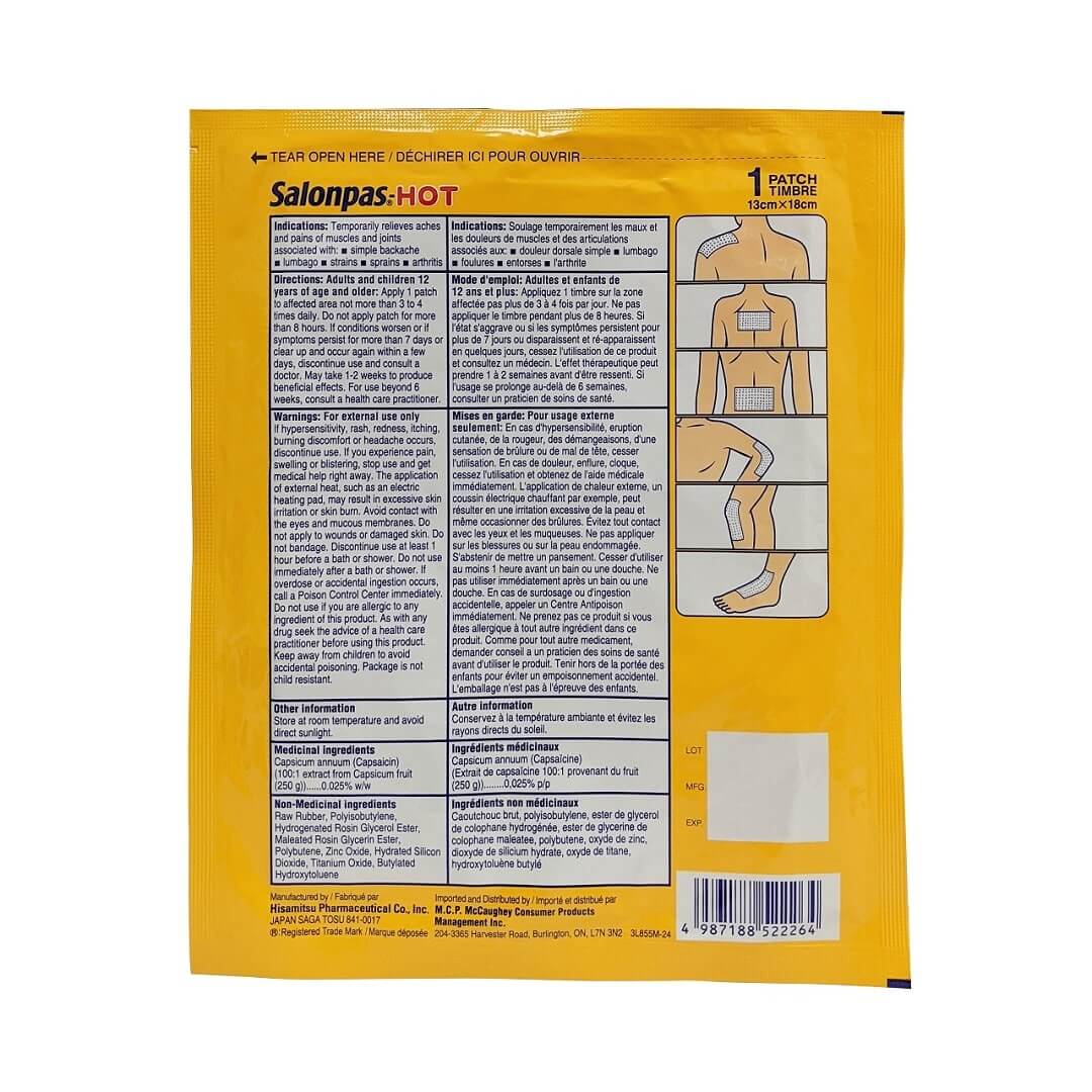 Indication, directions, warnings, and ingredients for Salonpas Hot Capsicum Patch 13 cm x 18 cm (1 patch)