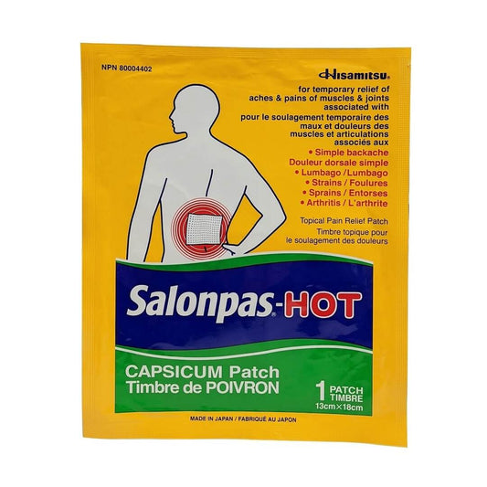 Product label for Salonpas Hot Capsicum Patch 13 cm x 18 cm (1 patch)
