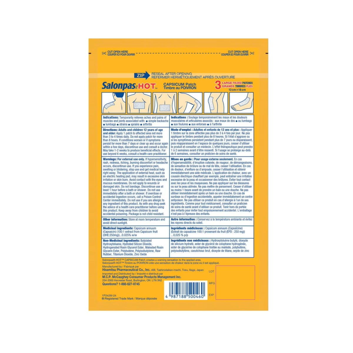 Indications, Directions, Warnings, Ingredients for Salonpas Hot Capsicum Patch 13 cm x 18 cm (3 patches)