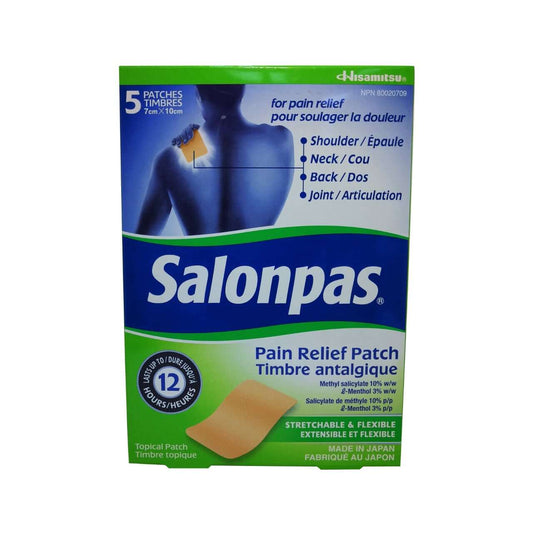 Product label for Salonpas Pain Relief Patch 12 Hour Relief (5 patches)