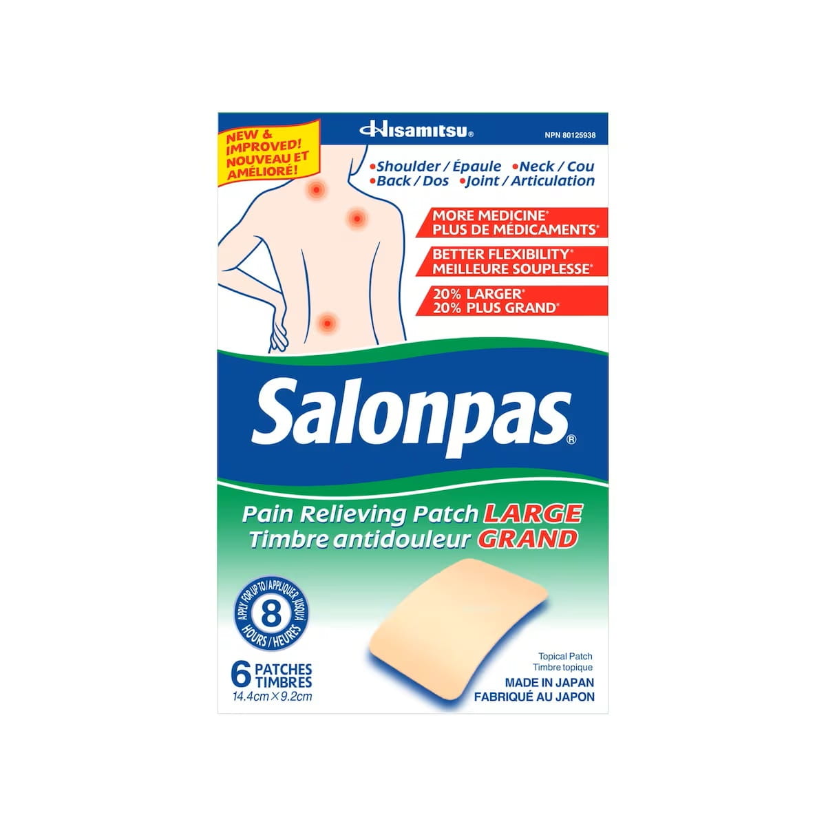 Product label for Salonpas Pain Relief Patches 14.4cm x 9.2cm (6 patches)
