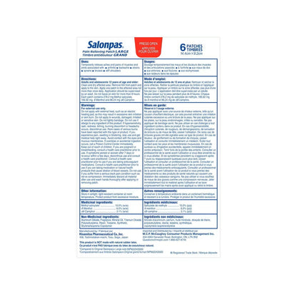 Uses, directions, warnings, ingredients for Salonpas Pain Relief Patches 14.4cm x 9.2cm (6 patches)