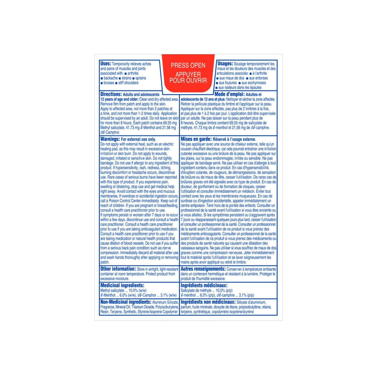 Uses, directions, warnings, ingredients for Salonpas Pain Relief Patches 7.2cm x 4.6cm (20 patches)